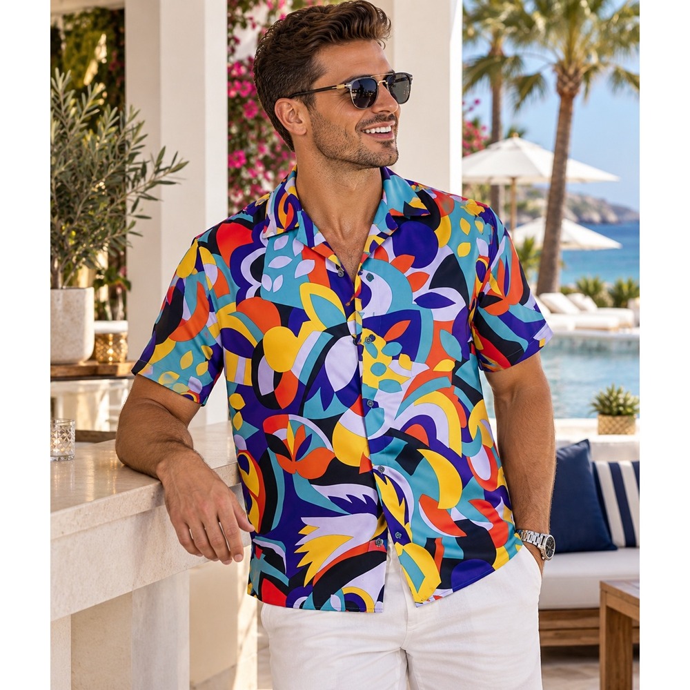 Express‎ Mens Large Abstract Geometric Short Sleeve Button Up Shirt Multi Color